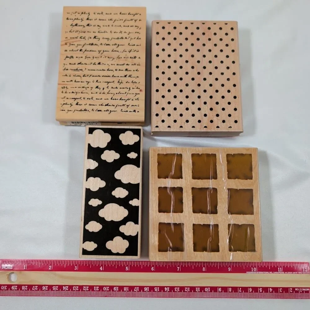 Lot #13 Background Rubber Stamp Lot 4 Pc Script Clouds Dots Window Wood Mount